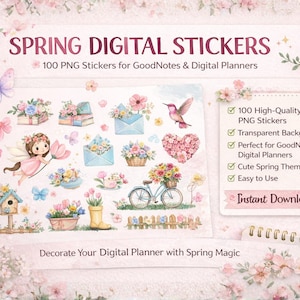 100 Spring Digital Stickers PNG | GoodNotes Stickers | Cute Planner Stickers | Transparent Background | Digital Planner | Instant Download
