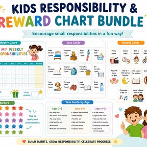 Kids Chore Chart Bundle, Printable Reward Chart and Chore Cards, Weekly Responsibility Chart, A4 PDF