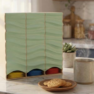 May include: A rectangular tea bag organizer with three vertical compartments, featuring a light green wavy textured front panel. Each compartment has an open bottom section revealing stacks of yellow, blue, and red tea bags inside the storage unit.