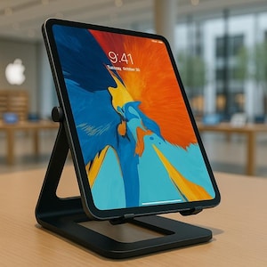 May include: A black tablet computer mounted on a black adjustable metal stand. The screen displays a vibrant abstract blue, orange, and yellow wallpaper with the time 9:41 and the date Tuesday, October 30 visible at the top of the display.