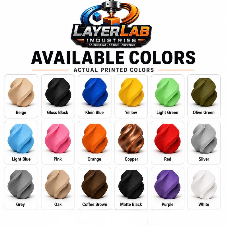 The image is a collage of 12 different 3D printed colors, each color represented by a unique 3D printed object. The colors include Beige, Gloss Black, Klein Blue, Yellow, Light Green, Olive Green, Pink, Orange, Copper, Red, Silver, Light Blue, Peach, Brown, and Purple.