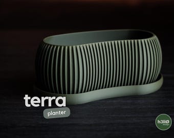 Modern Planter Pot | Terra Ribbed Oval Planter with Tray | Minimalist Indoor Plant Decor | Contemporary Succulent Planter