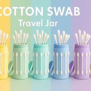 May include: A row of seven cylindrical cotton swab travel jars in pastel colors, each featuring a raised white cotton swab pattern on the exterior and filled with white cotton swabs. The text COTTON SWAB Travel Jar is centered above.