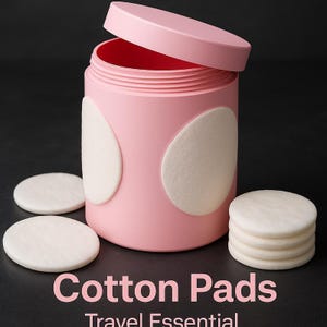 May include: A cylindrical pink container with a matching lid, featuring two white oval patches on its exterior. Several round white cotton pads are arranged around the base of the container. The text Cotton Pads Travel Essential is visible.