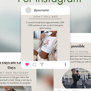 May include: Instagram carousel post design with the text "Fitness girls Carousel Posts For Instagram". The post includes images with text about fitness and body image, with the handle @yourname.