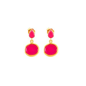 May include: A pair of gold-toned drop earrings featuring a small teardrop-shaped hot pink stone at the top and a larger, rounded, faceted hot pink stone suspended below. The stones are set in gold-colored metal frames with a polished finish.