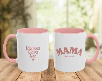 Gepersonaliseerde MAMA-mok in roze/roze, Mama EST keramische mok, aangepaste kindernamen, aangepaste aardewerk koffiemok, Moederdagcadeau