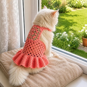 May include: A crochet pet garment featuring a coral pink granny square pattern with a tan center accent. The piece includes a flared, pleated skirt hem and is designed to fit over the back and torso of a small animal, secured with straps.