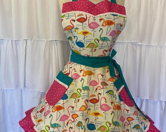 Adult  Flamingo Traditional Style  Apron + Hairbow