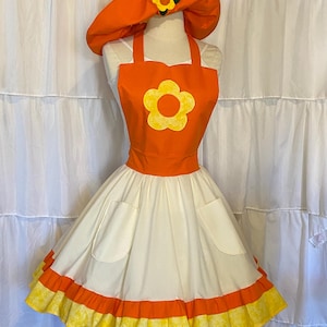 orange apron dress Vintage 1970s Orange Gingham Pinafore Apron with Ruffles, Medium