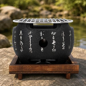Può includere: Un barbecue a carbone rotondo, nero e testurizzato, decorato con caratteri calligrafici giapponesi bianchi e dotato di una presa d'aria laterale circolare. Il barbecue è sormontato da una griglia in metallo argentato e poggia su una base quadrata.