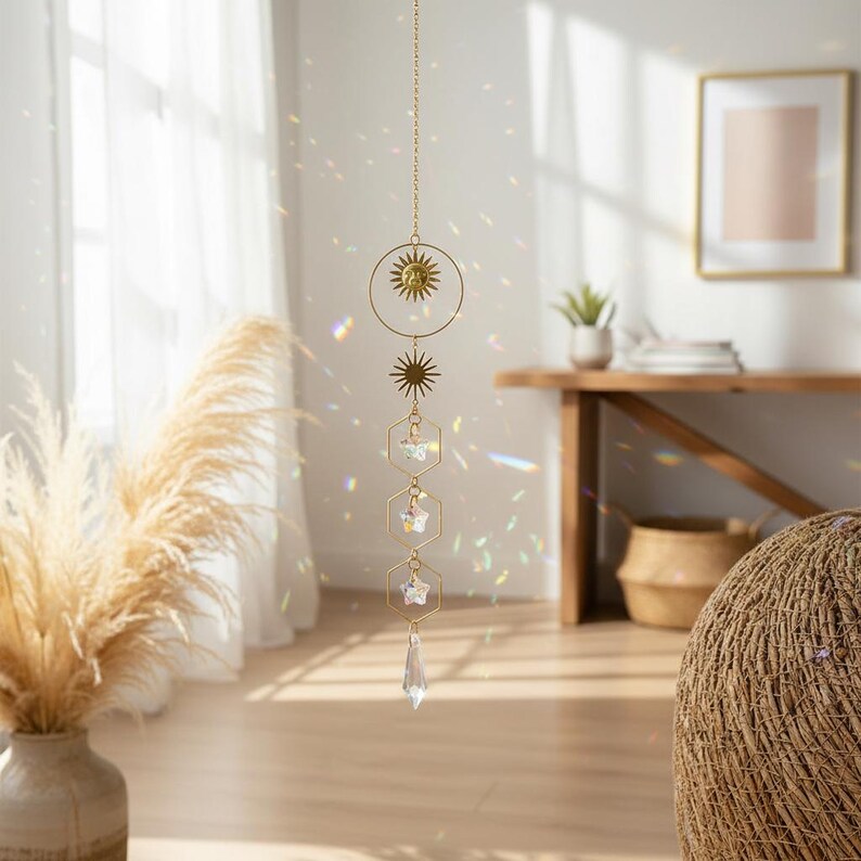 Celestial Sun Suncatcher | Gold Crystal Rainbow Prism | Boho Window ...
