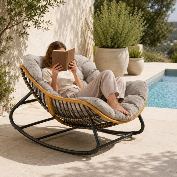 Egg Rocking Chair Oversized - Patio Rocking Chair with Cushion, Big Lounge Chair Indoor Outdoor, Wicker Rocker Grey
