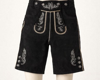 Zwarte lederhosenshort voor heren, Beierse leren oktoberfestoutfit, Duitse trachtenbroek