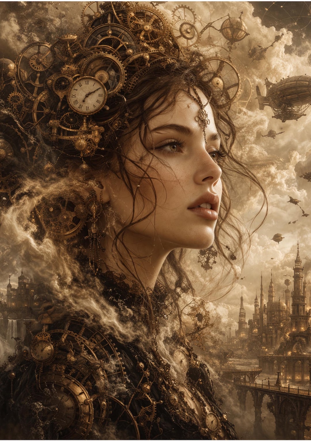 Abstract Steampunk Woman Wall Art Mystical Vintage Clockwork Portrait ...