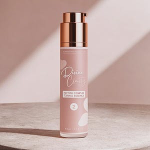 Puede incluir: Botella de producto para el cuidado de la piel rosa y dorada con el texto "Divine Clarity" y "Peptide Complex Toning Essence". La botella tiene una bomba y una tapa doradas. El producto es de 50 ml / 1,7 fl oz.