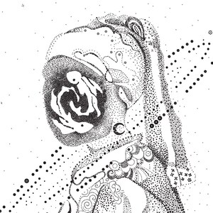 May include: A black and white stippling art illustration of a figure with a detailed design. The artwork features a face with a circular design and a flowing, dotted pattern. The background is white with scattered dots.