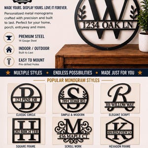 May include: A black circular metal monogram sign featuring the letter W and the address 1234 OAK LN. The display includes various custom metal sign styles such as square, hexagon, and script designs with examples like 123 PINE DR and 456 MAPLE CT.