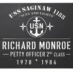 May include: A rectangular black metal sign with white stencil-style text and graphics. It features the text USS SAGINAW 1188 ACES AND EIGHTS, a USN anchor emblem, the name RICHARD MONROE, PETTY OFFICER 2ND CLASS, and the years 1978 to 1986.