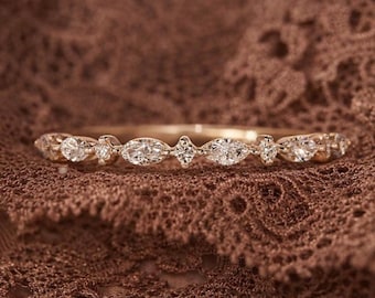Marquise en ronde moissaniet-trouwring – 925 sterlingzilveren ring halve eeuwigheid – sierlijke stapelring – vintage geïnspireerde bruidsband