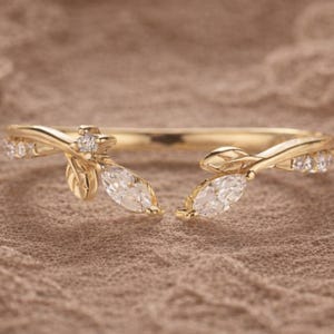 Bague feuille marquise moissanite - Bague de fiançailles vigne en or 14 carats - Bague de mariée inspirée de la nature - Bague de promesse minimaliste à anneau ouvert