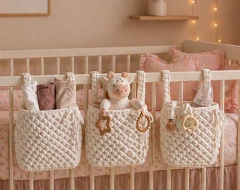 Handmade Cotton Crib Hanging Organizer | Boho Nursery Storage Basket Set