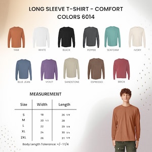 Peut inclure: Un t-shirt &agrave; manches longues confortable disponible en plusieurs couleurs : Yam, Blanc, Noir, Poivre, &Eacute;cume de mer et Ivoire. L'image pr&eacute;sente &eacute;galement Bleu Jean, Violet, Gr&egrave;s, Espresso et Brique. Mesures pour tailles S &agrave; 2XL, tol&eacute;rance de longueur du corps +/- 3.18 cm.