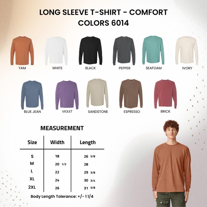 Peut inclure: Un t-shirt &agrave; manches longues confortable disponible en plusieurs couleurs : Yam, Blanc, Noir, Poivre, &Eacute;cume de mer et Ivoire. L'image pr&eacute;sente &eacute;galement Bleu Jean, Violet, Gr&egrave;s, Espresso et Brique. Mesures pour tailles S &agrave; 2XL, tol&eacute;rance de longueur du corps +/- 3.18 cm.