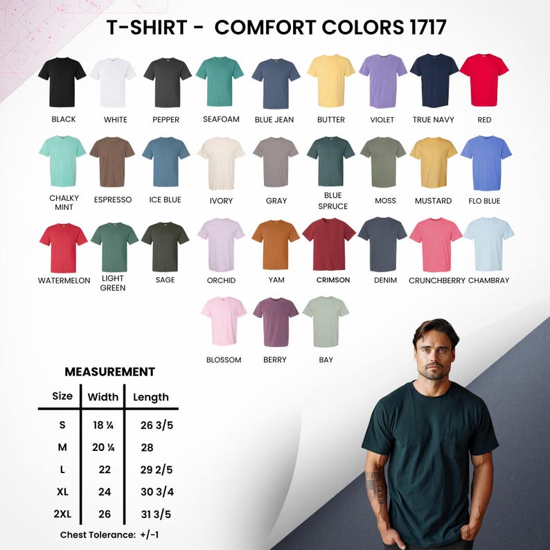 Peut inclure: Pr&eacute;sentation de t-shirts Comfort Colors 1717 dans diverses couleurs, dont le noir, le blanc et le rouge. L'image comprend &eacute;galement un tableau des tailles avec des mesures en centim&egrave;tres, et un homme portant un t-shirt vert fonc&eacute;.