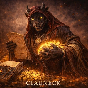 Può includere: Opera d'arte digitale di una figura demoniaca con occhi gialli, che indossa un mantello con cappuccio rosso e tiene in mano un globo luminoso di monete d'oro. Un libro aperto con un occhio è in primo piano, con la parola "CLAUNECK" in basso.