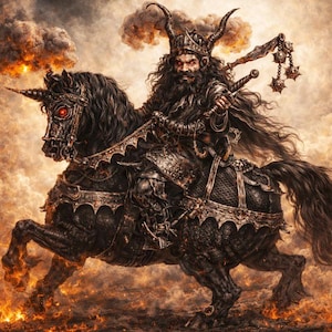 Op de afbeelding: Digitale illustratie van een donkere ridder die op een zwarte eenhoorn rijdt door een vurig landschap. De ridder draagt een gehoornde kroon en houdt zwaarden vast. De eenhoorn heeft een rood oog en een sierlijk harnas.