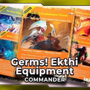 May include: A collection of Dungeons & Dragons themed trading cards with orange and blue borders. The central card features the text Ekthi, Contaminator Priest, Legendary Creature - Phyrexian Cleric, and An Adventure for Character Levels 5-8.