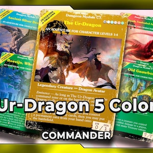 May include: A collection of fantasy trading cards featuring dragons and related creatures. The cards have a vintage aesthetic with text that reads "Ur-Dragon 5 Color Commander". The cards are in shades of blue, green, and gold.