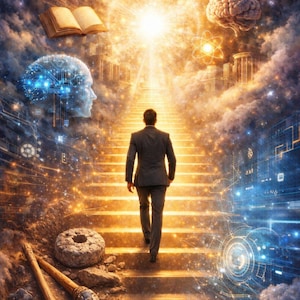Könnte beinhalten: Künstlerische Darstellung einer Person, die eine Treppe zu einem hellen Licht hinaufsteigt. Das Bild zeigt ein Gehirn, ein offenes Buch und andere symbolische Elemente vor dem Hintergrund eines Sternenhimmels und himmlischer Wolken.