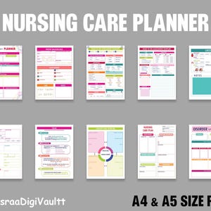 May include: A collection of ten nursing care planner pages in A4 and A5 PDF format. Each page features colorful sections for patient background, head-to-toe assessments, nursing diagnoses, care plans, and disorder worksheets with clear headings.