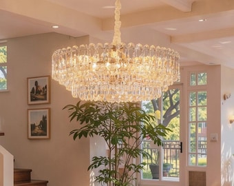 Prism Crystal Tiered Chandelier, Luxury Gold Round Pendant Light, Grand Statement Crystal Lighting