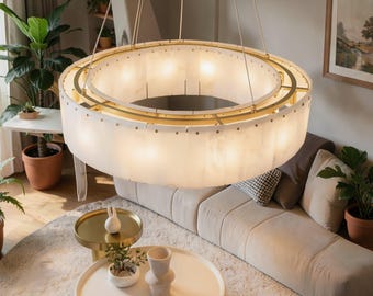 Natural Marble Drum Chandelier, Hand-polished Luxury Tiered Alabaster Brass Pendant Light, Modern Statement Lighting