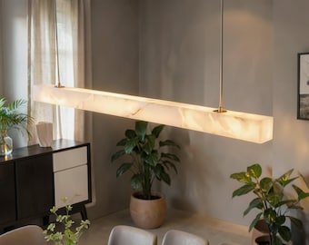 Handcrafted Marble Linear Pendant Light, Luxury Natural Stone Kitchen Island Chandelier, Modern Statement Lighting