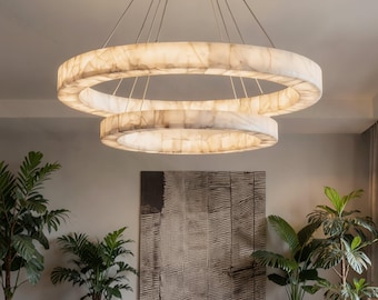 Hand-Assembled Marble Halo Ring Chandelier, Natural Alabaster Stone Pendant Light