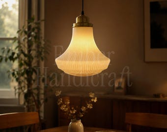 Prabha French Vintage Ribbed Glass Pendant Light, Brass Mid-Century Hanging Lamp, Wabi Sabi Home Decor