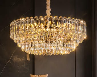 Prism Crystal Tiered Chandelier, Luxury Gold Round Pendant Light, Grand Statement Crystal Lighting