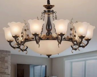 Antike Bronze Europäischer Kronleuchter, mattierte Tulpenglas Deckenleuchte, klassische Blumenanhänger Wohnkultur