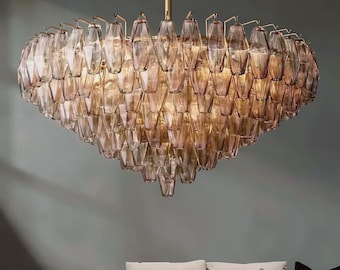 Lámpara de araña poliédrica de cristal ámbar, lámpara colgante de lujo dorada de varios niveles, iluminación moderna de estilo art déco.