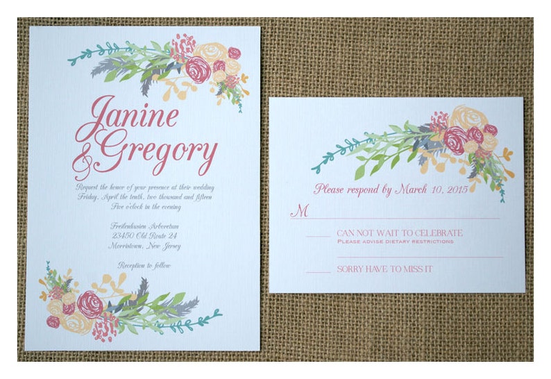 Boho Flowers Wedding Invitation Boho Vintage Style Spring Colors Romantic Flowers Calligraphy Font Garden Barn Wedding Invite