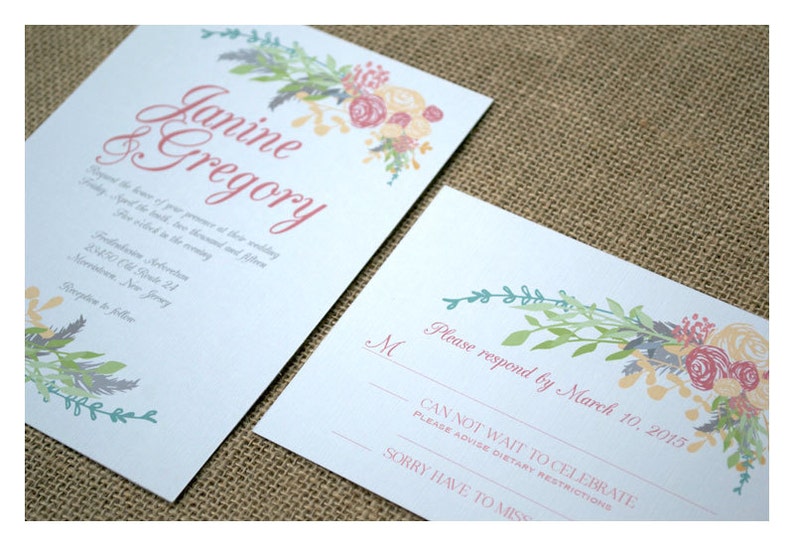 Boho Flowers Wedding Invitation Boho Vintage Style Spring Colors Romantic Flowers Calligraphy Font Garden Barn Wedding Invite