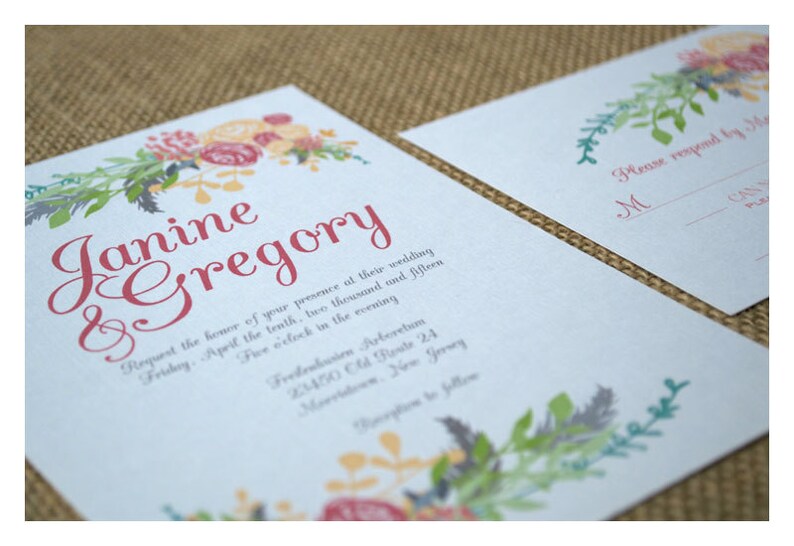 Boho Flowers Wedding Invitation Boho Vintage Style Spring Colors Romantic Flowers Calligraphy Font Garden Barn Wedding Invite