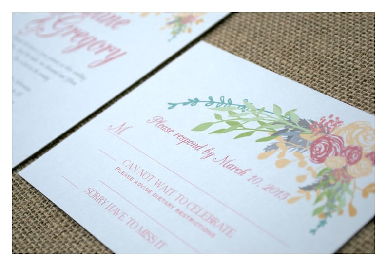 Boho Flowers Wedding Invitation Boho Vintage Style Spring Colors Romantic Flowers Calligraphy Font Garden Barn Wedding Invite