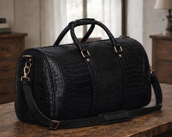 Crocodile Embossed Leather Duffel Bag, Weekender Travel Carry On Bag