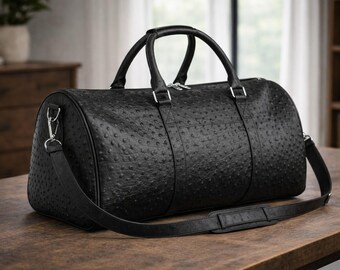 Ostrich Embossed Leather Duffel Bag, Luxury Weekender Travel Carry On