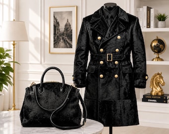 Hair-On Cowhide Leather Weekender Bag, Men's Leather Trench Coat, Luxury Travel Set
